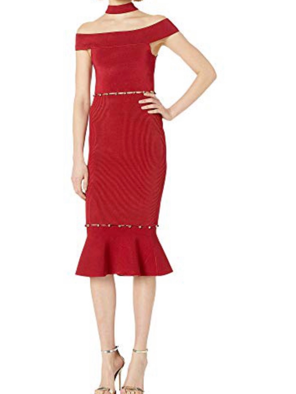 bebe Red Off-Shoulder Choker Midi Dress with Ruffle Hem